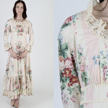 Garden Floral Southern Belle Dress / Vintage 80s Pastel Flower Bouquet Dress / Victorian Trumpet Sleeves / Fairytale Womens Maxi Dress 