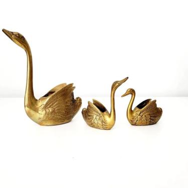 Vintage Small Brass Swan Planter Set 