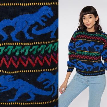 Dinosaur Sweater 80s Sweater Animal Sweater Black Blue Novelty Print Slouchy Vintage Pullover Jumper 1980s Knit Kawaii Cotton T Rex Small 