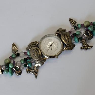 80's early Carolyn Pollack 925 sterling silver amethyst quartz malachite turquoise Southwest Traditions Liberty 1911 watch, Carlisle Jewelry 
