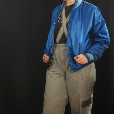 80s Blue Satin Snap Jacket/ Vintage Bomber Jacket/Northern Wireless 