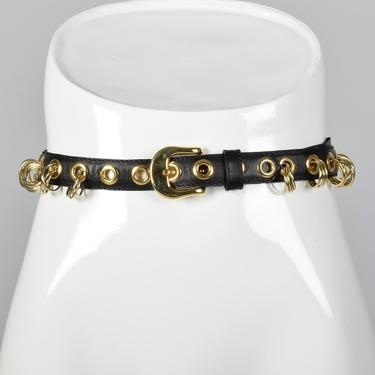 XXL Yves Saint Laurent Rive Gauche Leather Belt Adjustable Black Gold Rings Vintage 1990s 