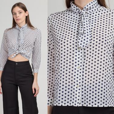 70s Heart Polka Dot Ascot Tie Blouse - Petite Small | Vintage Cropped Black &amp; White Long Sleeve Button Up Top 