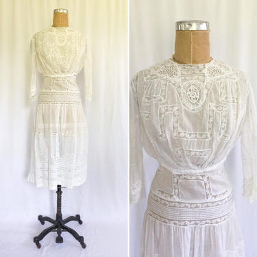 Antique 1900s dress || Vintage Edwardian cotton lawn dress || 1910 white summer lace dress 