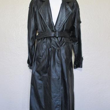 Vintage 1980s Aggio Black Leather Trench Coat, Large Women, Long Sleeve Coat, Womens Outerwear 