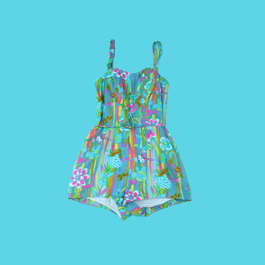1950s Vintage Floral Bathing Suit One Piece Swimsuit Colorful Novelty Print Romper Size S M 