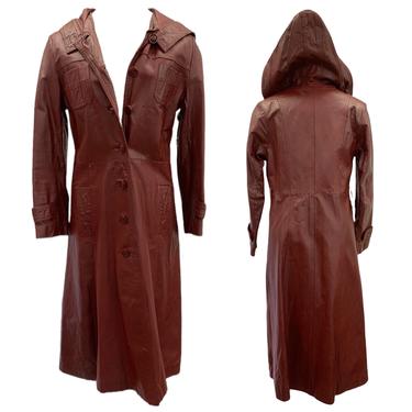 Vtg Vintage 1970s 70s Oxblood Genuine Leather Casual Corner Hooded Trench Coat 