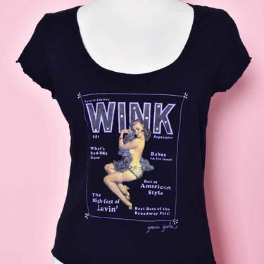 Vintage Pinup T Shirt, WINK by JOOMI JOOLZ, black Short sleeve t shirt, 1990's mid century 1950's pinup girl tshirt Top Boho Nudie girl 