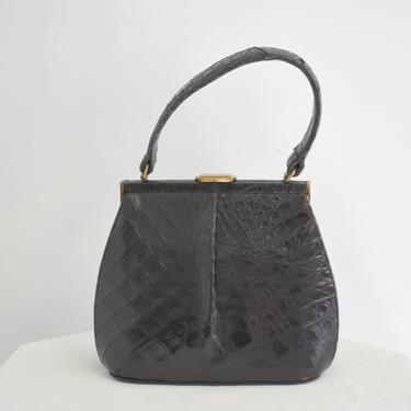 1950s Palizzio Black Croc Embossed Leather Top Handle Bag 