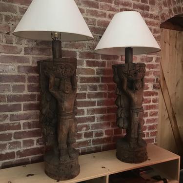 Pair Vintage Hand-Carved Lamps