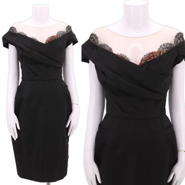 50s PEGGY HUNT black illusion lace cocktail dress M / vintage 1950s silk nude wiggle party dress 26" 