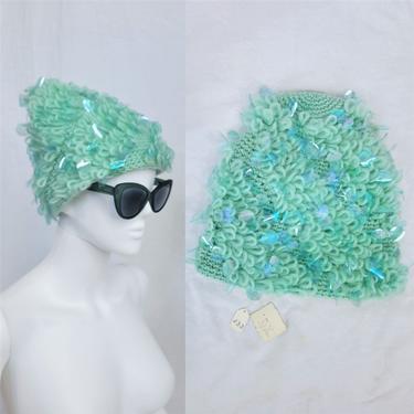 Herbert Elster Italian 1960's Mint Green Crocheted Wool Knit Turban Hat with Sequin Bubbles 