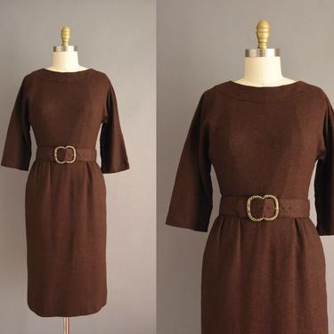vintage 1950s dress | R&amp;K Cozy Chocolate Brown Wool Winter Dress  | Medium | 50s vintage dress 