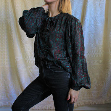 Vintage Oscar da la Renta 100% Silk Wide Sleeve Tie Neck Paisley Printed Blouse Women's Size S M 