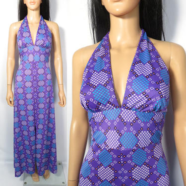 Vintage 60s/70s Abstract Print Lightweight Summer Backless Nylon Halter Maxi Dress Size S/M 