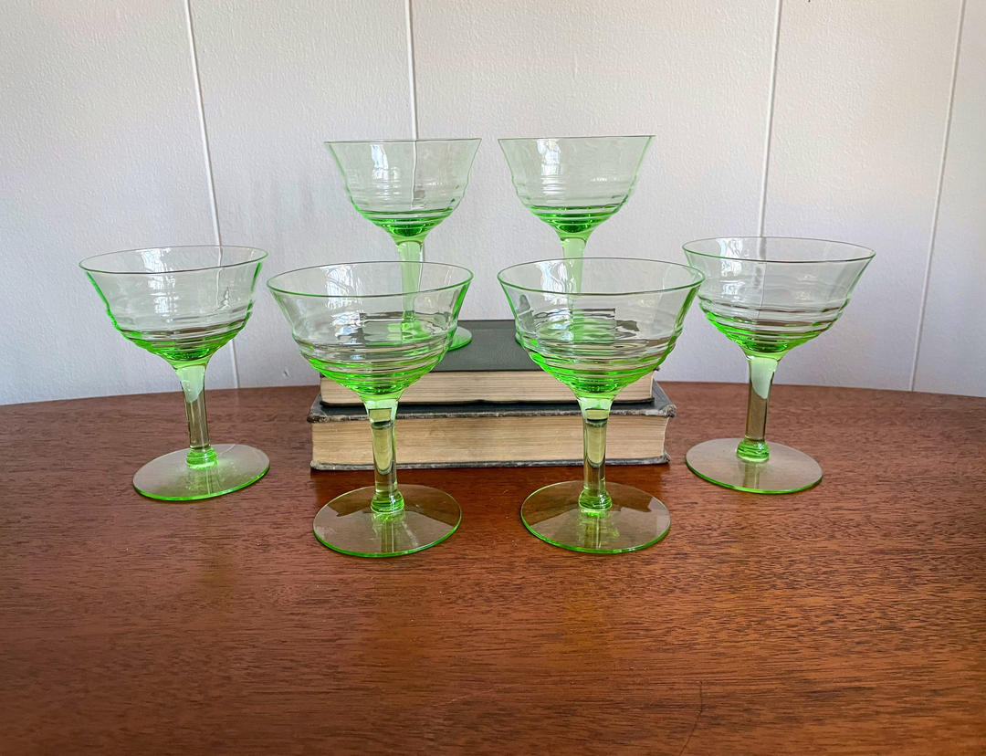 Vintage Champagne Cocktail Coupe Glasses; Green Ribbed Depression Glass