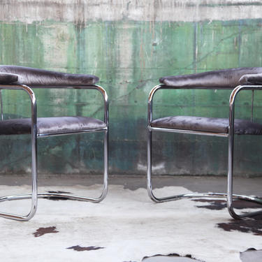 Mid Century Modern PAIR of Chairs by Anton Lorenz for Thonet Bent Chrome Cantilever Chair Post Modern Grey Gray 