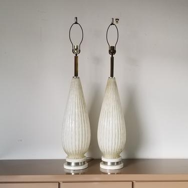 1950's Tall Italian White and Gold Murano Glass Table Lamps - a Pair 