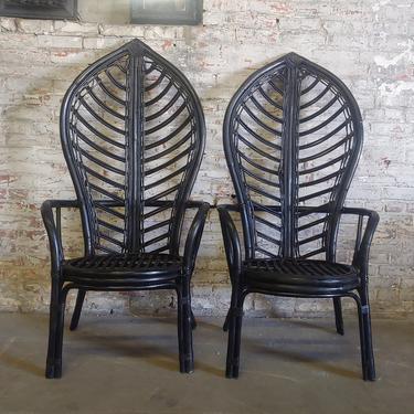 Vintage Pair of Leaf High Back Rattan Chairs - Set of 2 