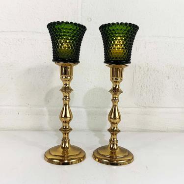 Vintage Glass Brass Candle Holders Pair Tea Light Candlesticks Mid-Century Candleholder Wedding Candlestick Candleholders Green Votives 