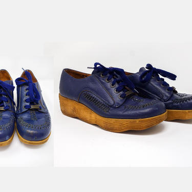 Famolare Platform Loafers Size 9 Vintage 70s Navy Leather Wedge Lace Forest Fathers Portland OR