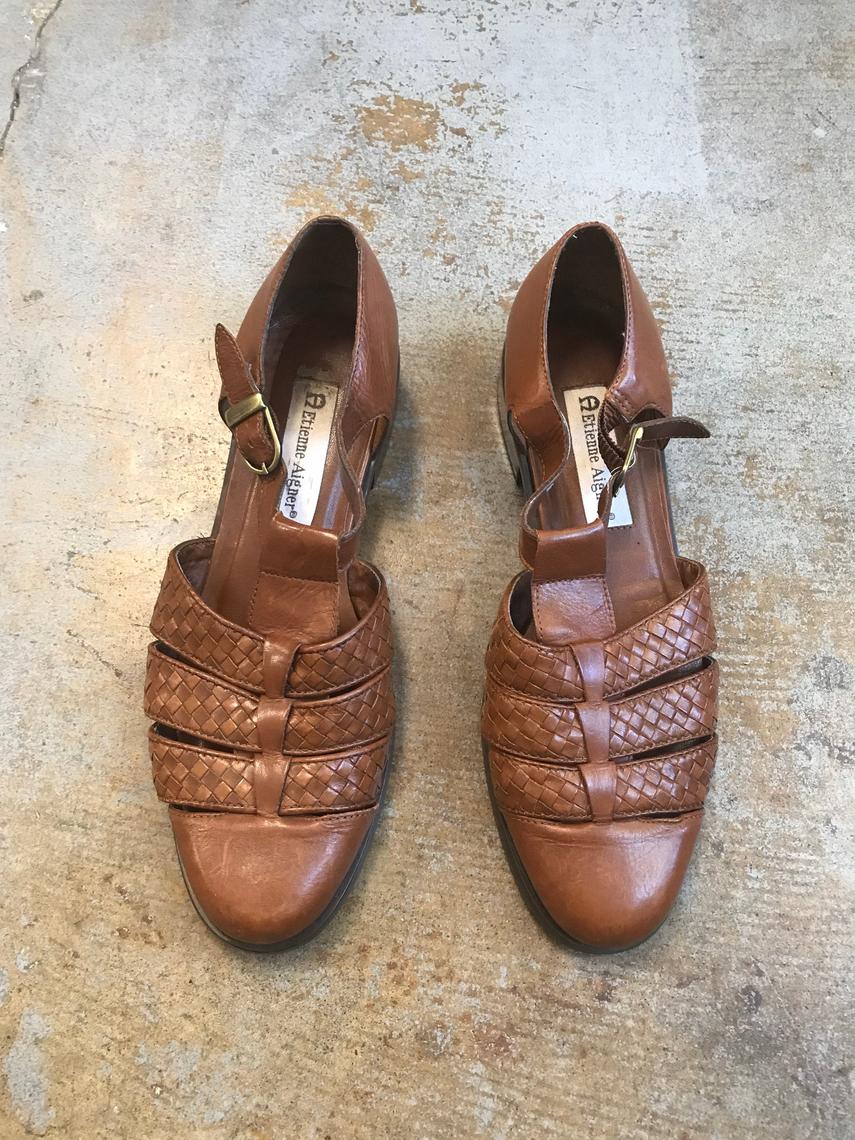 Etienne Aigner Sandals Brown Vintage 1980s Woven Leather Shoes