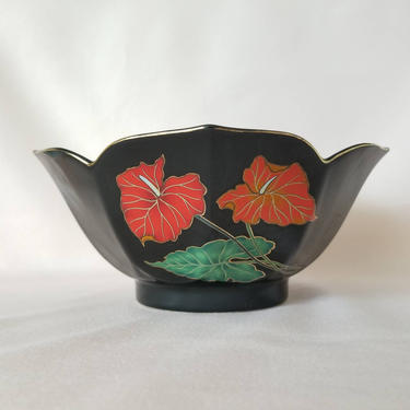 Vintage Black Console Bowl / Gold Rim Decorative Bowl / Red Floral Catch All Jewelry Dish / Made in Japan / Retro 1980s Home Decor 