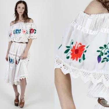 White Mexican Off The Shoulder Fiesta Dress Bright Colorful Floral Embroidered Party Dress Sheer Lace Trim Restaurant Style Dress Mini Dress 