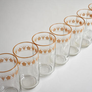 Vintage Libbey authentic Drinking Glasses w/Gold Rims, Mustard/White