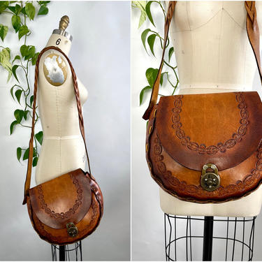 MICHAEL SURGES Vintage 70s Handcrafted Leather Shoulder Bag | 1970s Brown Hand Tooled, Laced, Braided Strap Purse | Boho Bohemian Hippie 