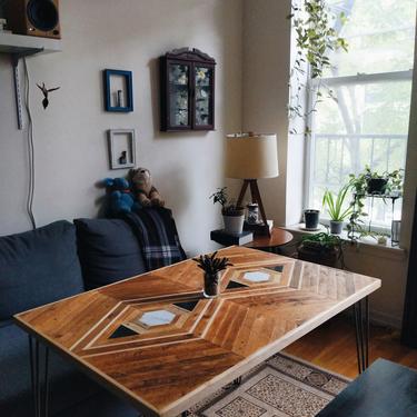 Custom Reclaimed Lath Dining Table with Marble + Granite Inlay 