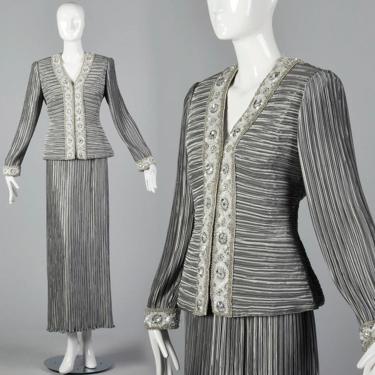 Medium 1980s Lillie Rubin Evening Separates Cocktail Party Outfit Designer Separates Gray  Silver Beaded Jacket 