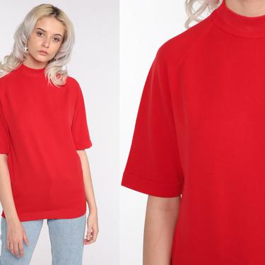 70s Mock Neck Shirt 80s Blouse Red Ban Lon Top 1970s Plain Blouse Vintage Short Raglan Sleeve Shirt Basic Top Seventies Small Medium 