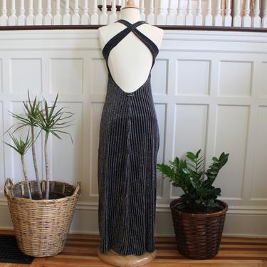 Vintage 90s Brazilian Designer Black Silver Lurex Long Open Back Maxi Dress Women's Size M 