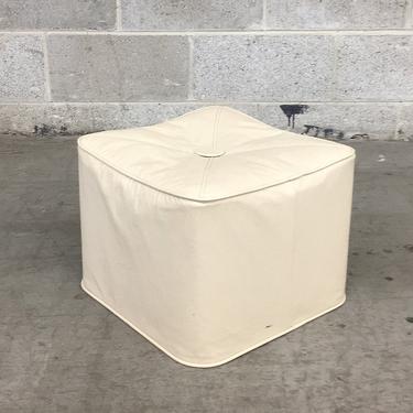 Vintage Ottoman Retro 1970s Meri Jon Artist Colony + White Vinyl + Cushioned Footstool + Square Shape + Large Round Top Button + Home Decor 