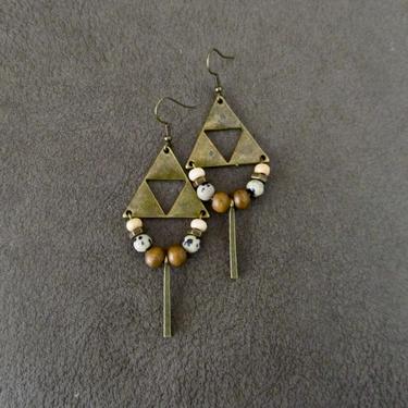 Antique bronze earrings, African earrings, rustic earrings, tribal earrings, Afrocentric ethnic earrings, Dalmatian jasper earrings 