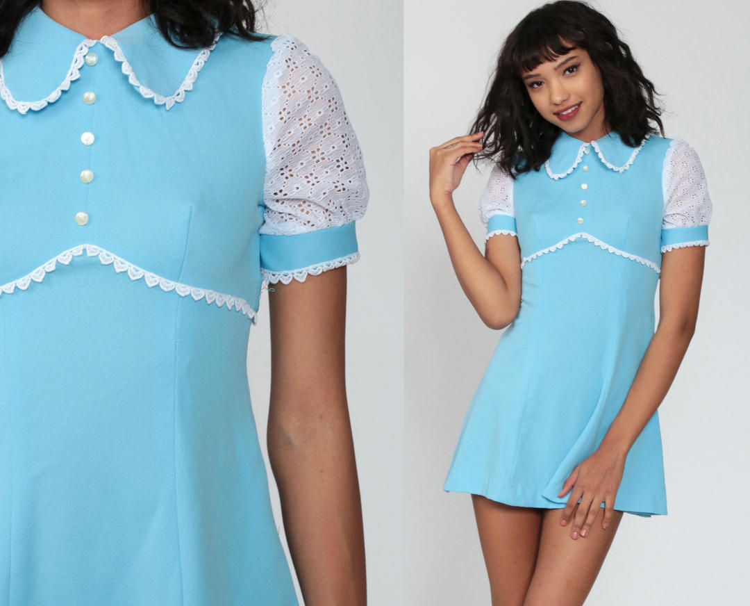 60s Babydoll Dress Blue Eyelet Lace Dress Mod Mini PUFF Shop Exile Tucson AZ