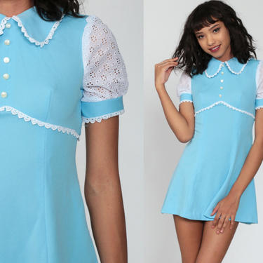 60s Babydoll Dress Blue Eyelet Lace Dress Mod | Shop Exile - Tucson, AZ |  ATTIC