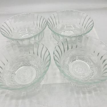 Vintage Set of four Clear Glass Small Bowl - KIG Indonesia - Scalloped Edge Raised Design- 4 1/2&quot; Top Diameter - Chip Free 