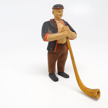 Vintage German Black Forest Carving , Hand Carved Alps Mountain Man with Alphorn , Antique Hand Painted 