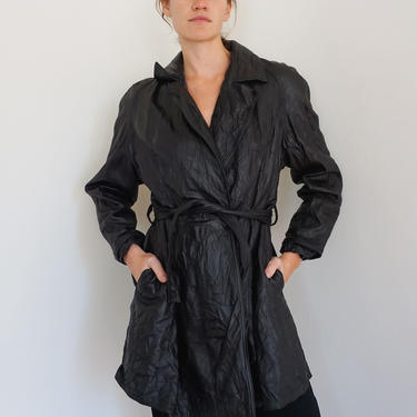 1980s Italian Crinkled Leather Belted Trench Coat sz XS S M Collared Leather Blazer Y2K Minimal 