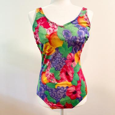 60s/70s Floral Fruity One Piece Swimsuit | Medium/Large 