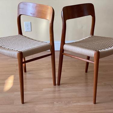 TWO Niels Moller model # 75 dining chairs in aged teak and new Danish Paper Cord, desk chairs, bedroom chairs 