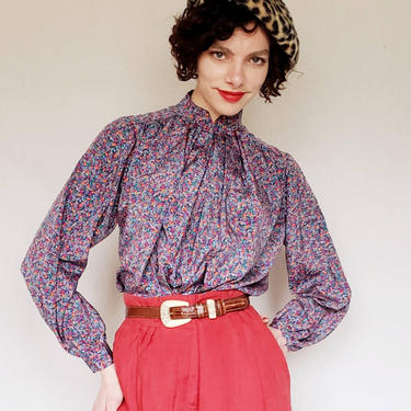 お歳暮 時期 1980s Purple Micro in Shirt Sleeved Long 80s / Blouse Print トップス