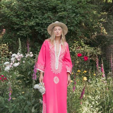 60s Moroccan Caftan Dress | Boho Hippie Hot Pink Maxi Dress | Ethnic Embroidered Button front Dress | Bohemian Festival Dress | Solstice 