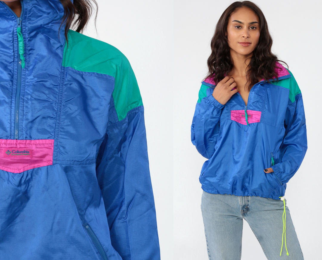 80s 90s Neon Color Block Half Zip Windbreaker - Men's Medium Short, Women's Medium