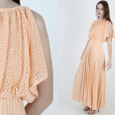 Apricot Color Grecian Disco Dress, Split Sleeve Sweeping Long Skirt, Crochet Pleated Cocktail Attire Maxi Gown 
