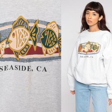 Seaside California Sweatshirt 90s Graphic Fish Sweatshirt Crewneck Grey Pullover Vintage Beach Shirt Men's Large L 