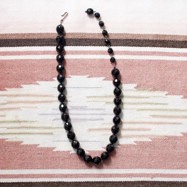 Vintage 1960s French Jet Black Glass Bead Necklace - Faceted Choker Necklace 14.5-18&quot; 