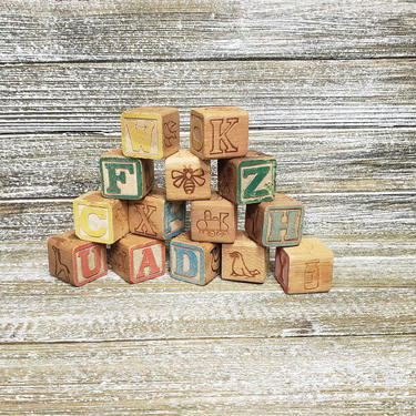 Vintage Alphabet Blocks, JAPAN Childs Learning Wooden Toy Blocks, Capital Letters Square Toddler Childrens ABC Building Blocks, Vintage Toys 
